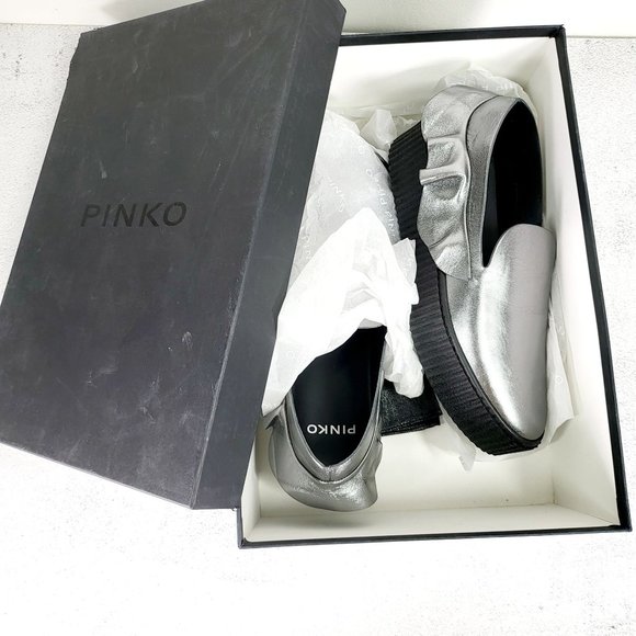 $460 NWT Pinko Silver‎ Chunky Platform Shoes 9 Metallic Ruffle Leather Loafer - Picture 6 of 15